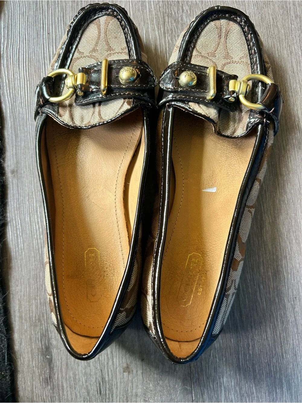Coach Brown Signature Canvas Flats with Black Patent Trim and Gold Hardware